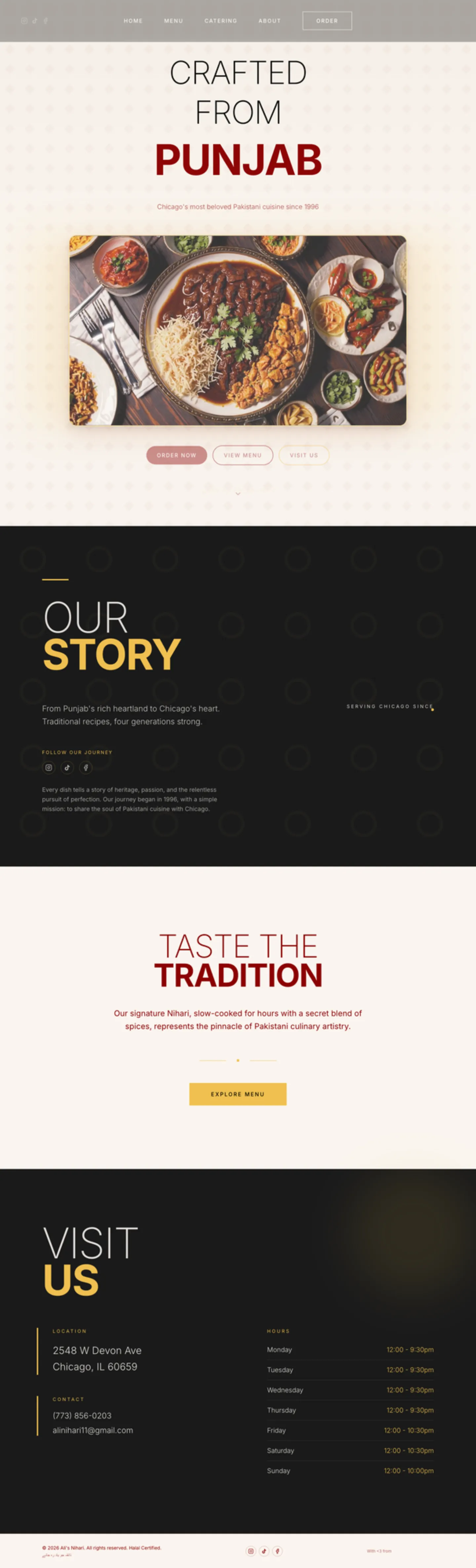 AliNihari home page — full scroll from the hero through the story and hours