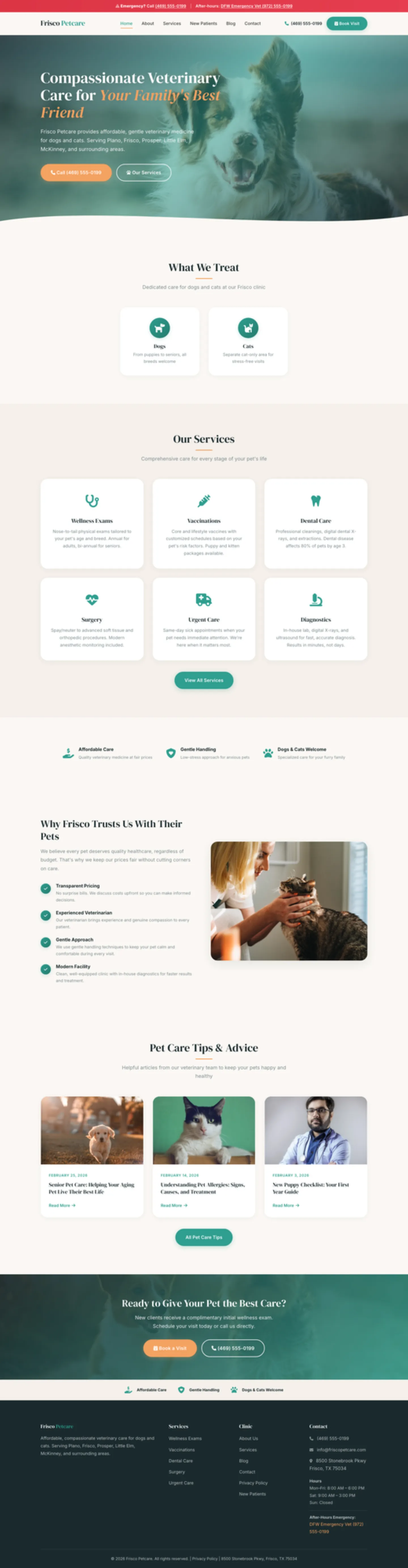Frisco Pet Care home page — full scroll from the hero through services and booking