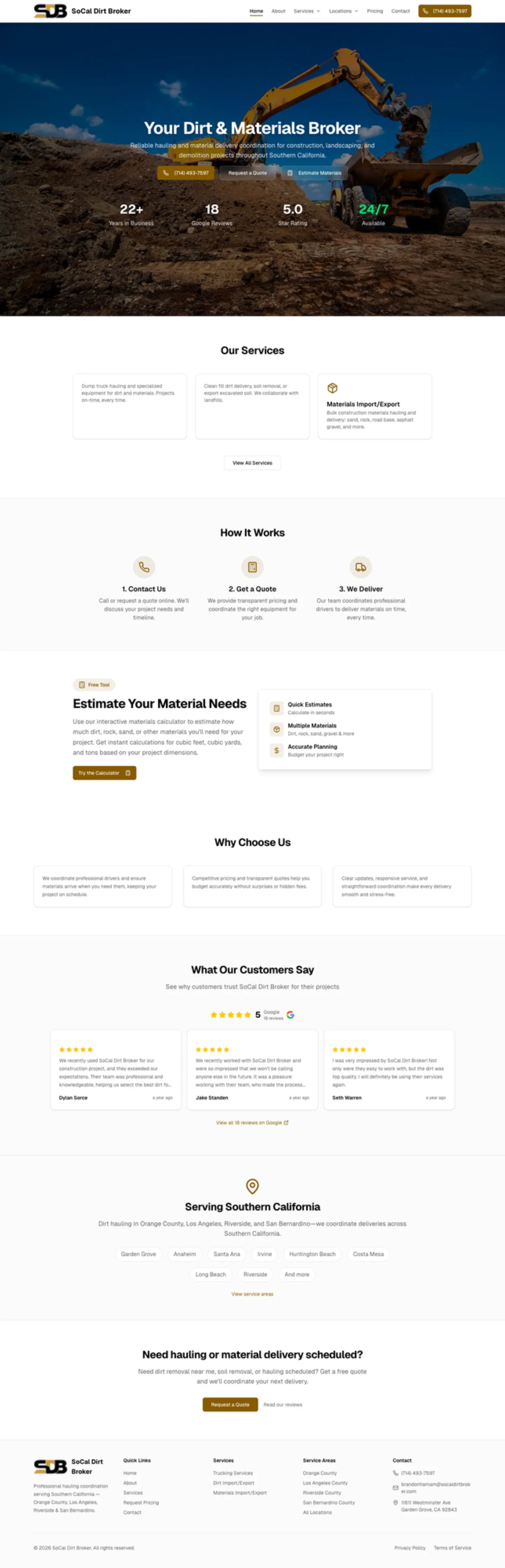 SoCal Dirt Broker home page — full scroll from the hero through services and quote paths